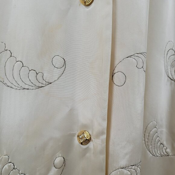 VTG Paulette Ivory Satin 1940 Parisan Gold Button Embroidered House Coat Size 14 - Picture 9 of 16